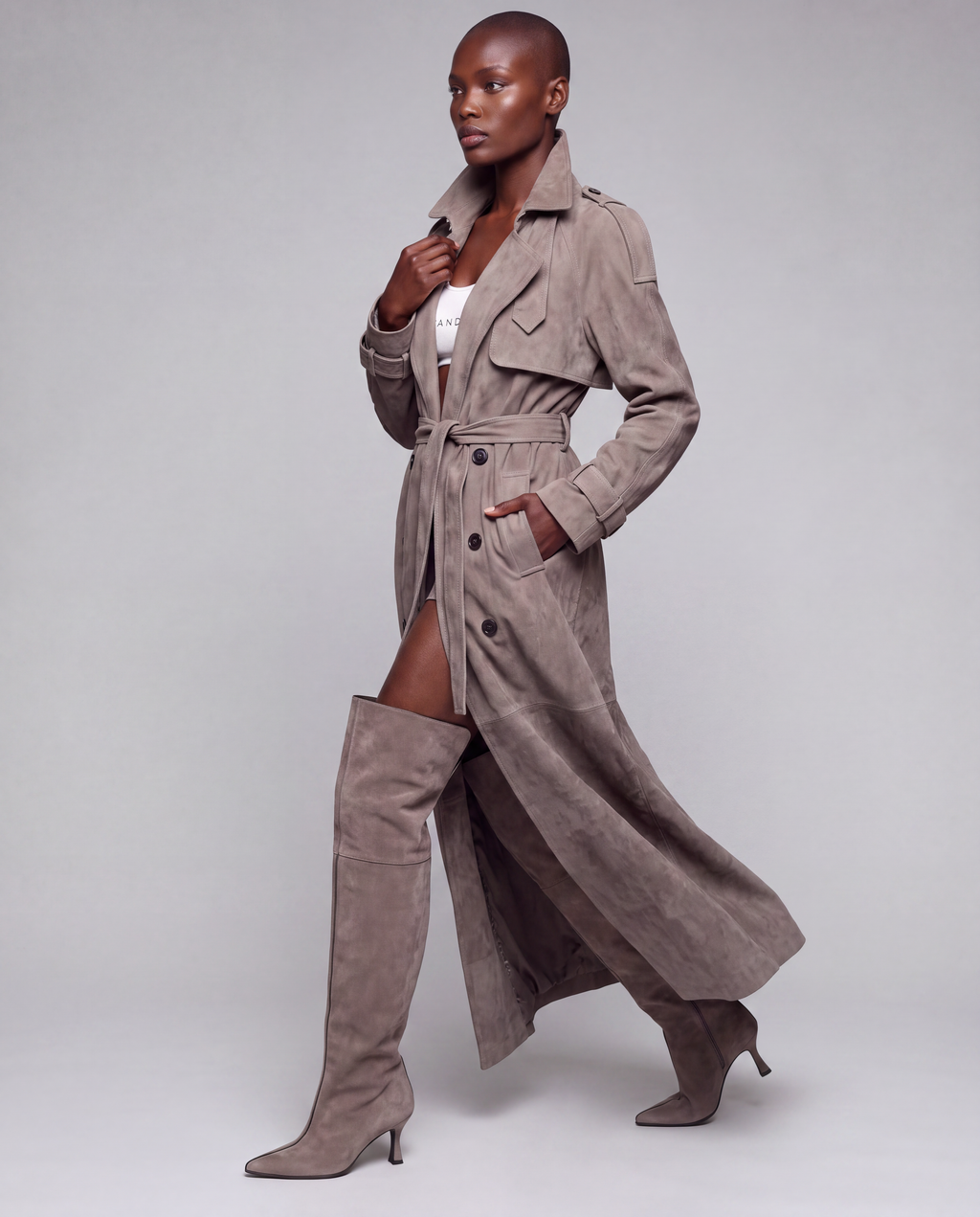 Zamszowy płaszcz damski maxi – SUEDE TRENCH