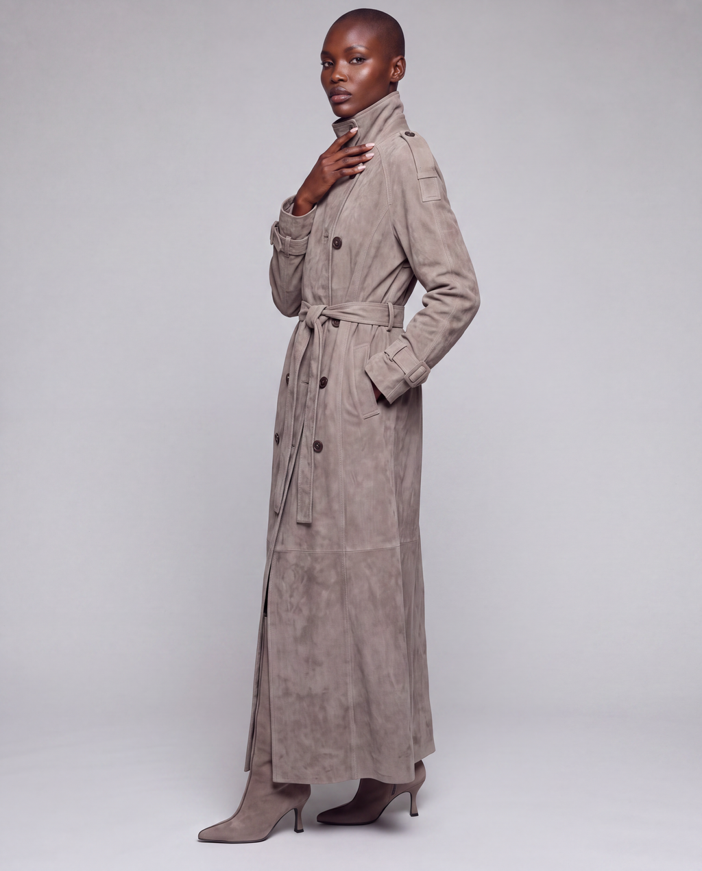 Zamszowy płaszcz damski maxi – SUEDE TRENCH