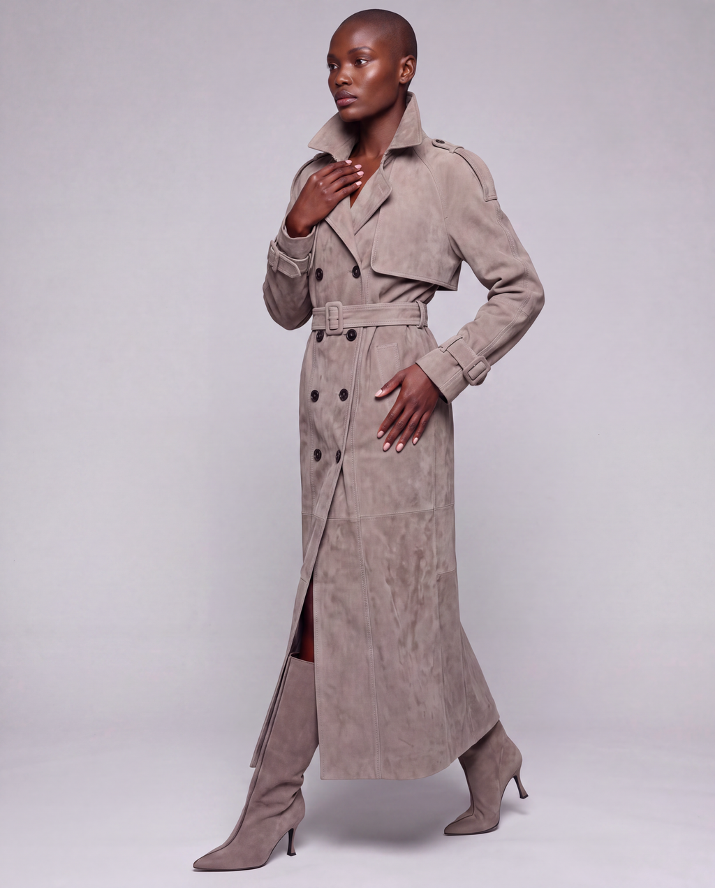 Zamszowy płaszcz damski maxi – SUEDE TRENCH
