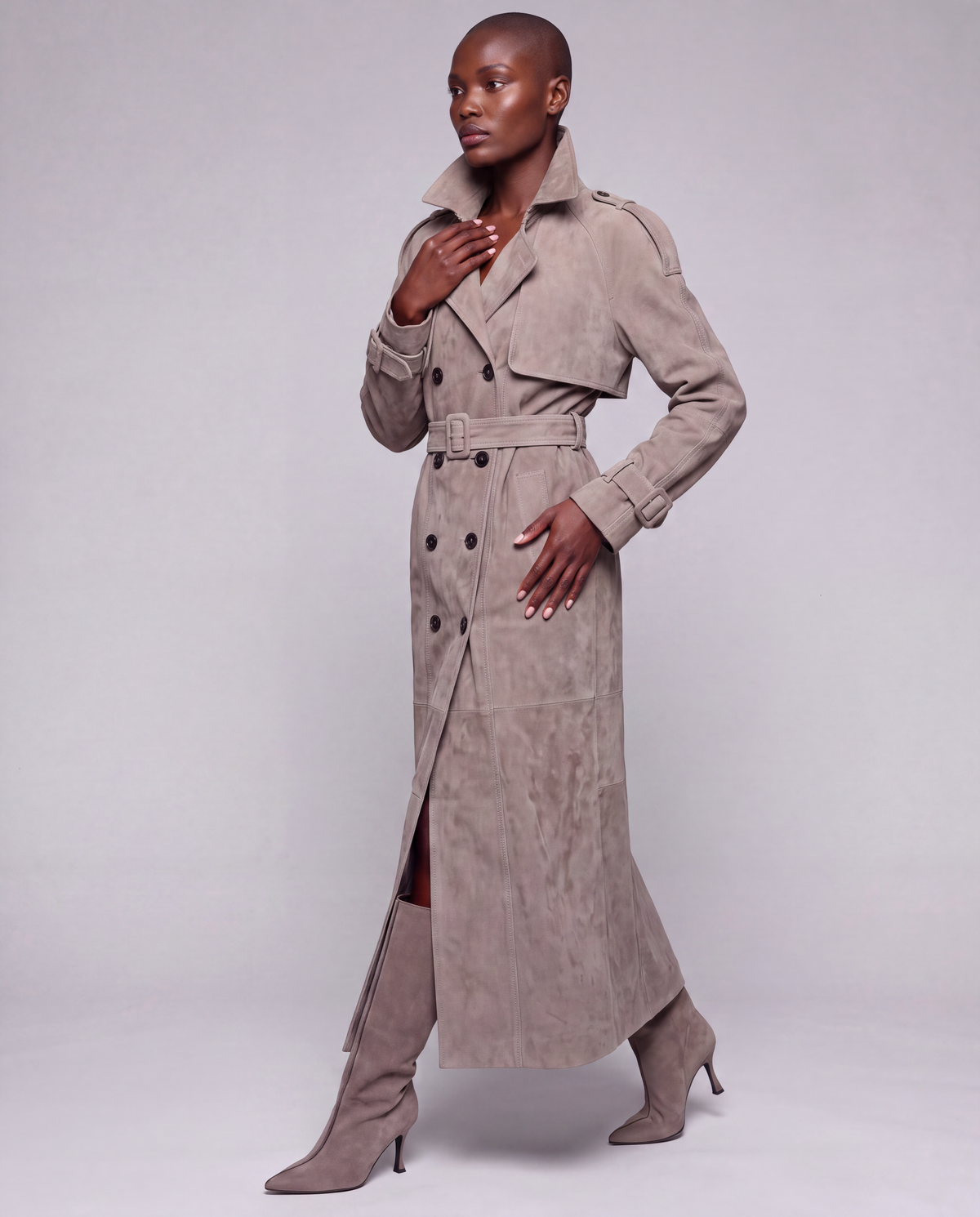 Zamszowy płaszcz damski maxi – SUEDE TRENCH
