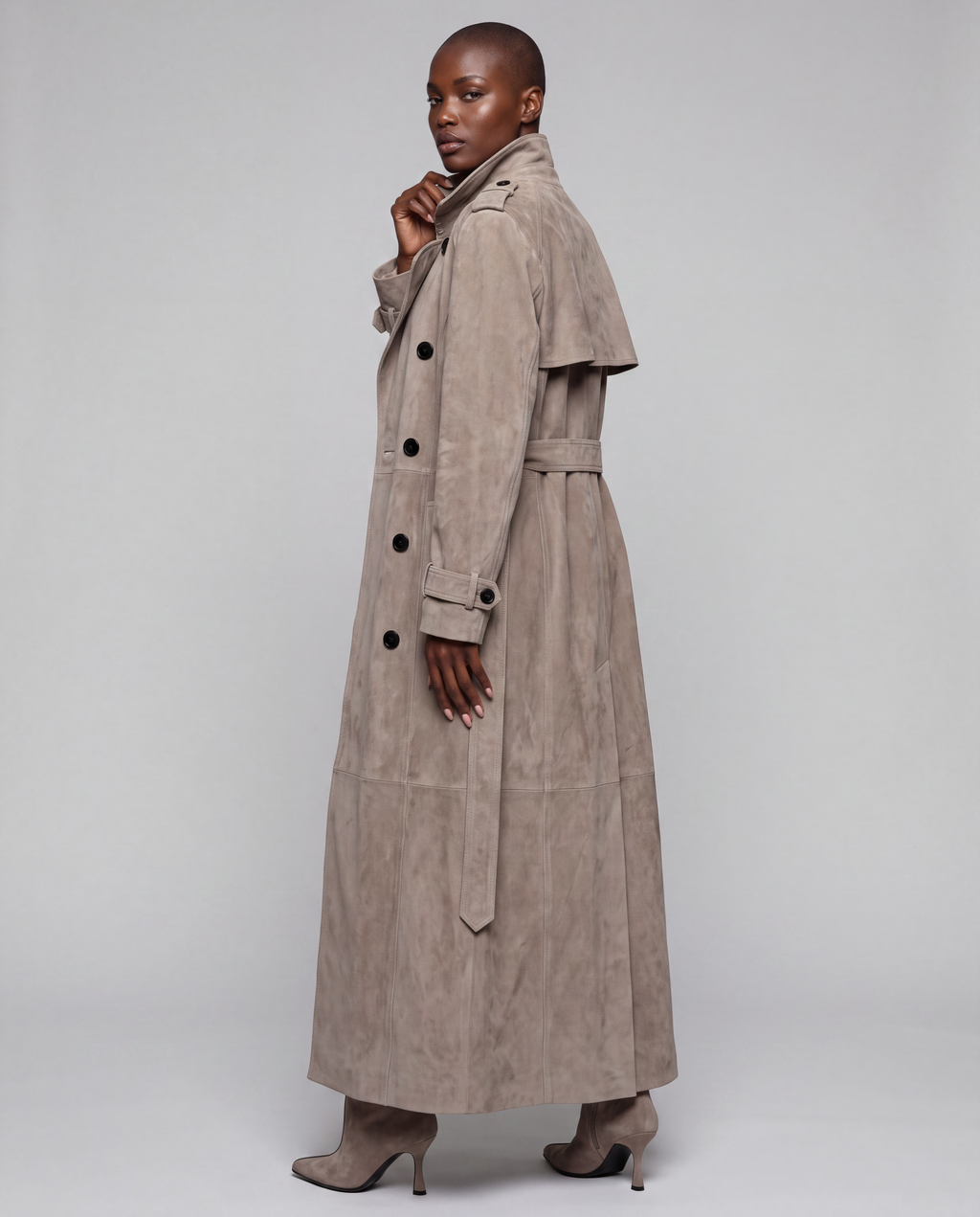 Zamszowy płaszcz damski maxi – SUEDE TRENCH