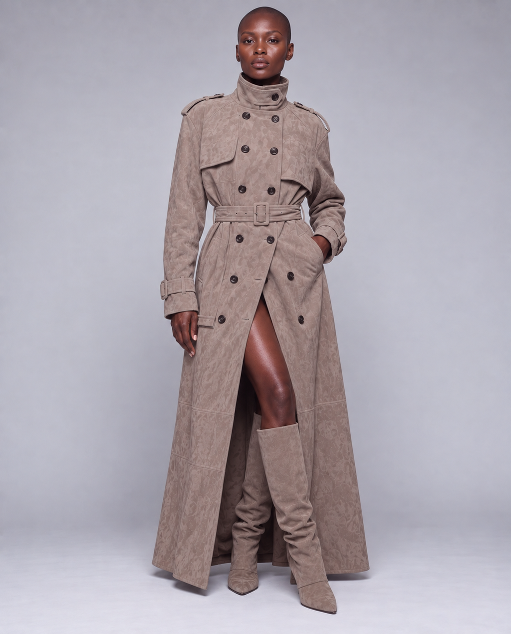 Zamszowy płaszcz damski maxi wysoka stójka – SUEDE TRENCH. Kilka Kolorów