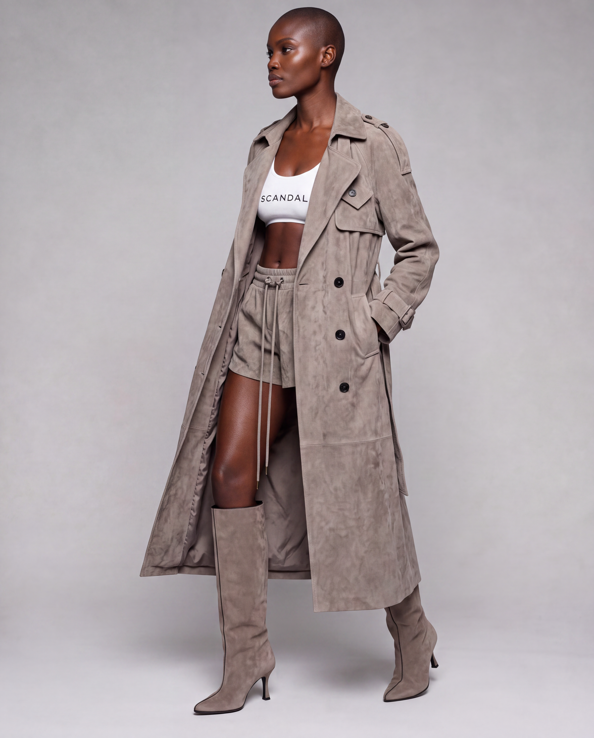 Zamszowy płaszcz damski maxi – SUEDE TRENCH