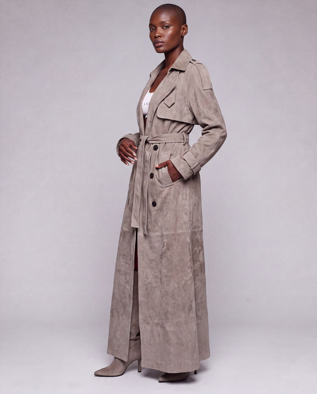 Zamszowy płaszcz damski maxi – SUEDE TRENCH