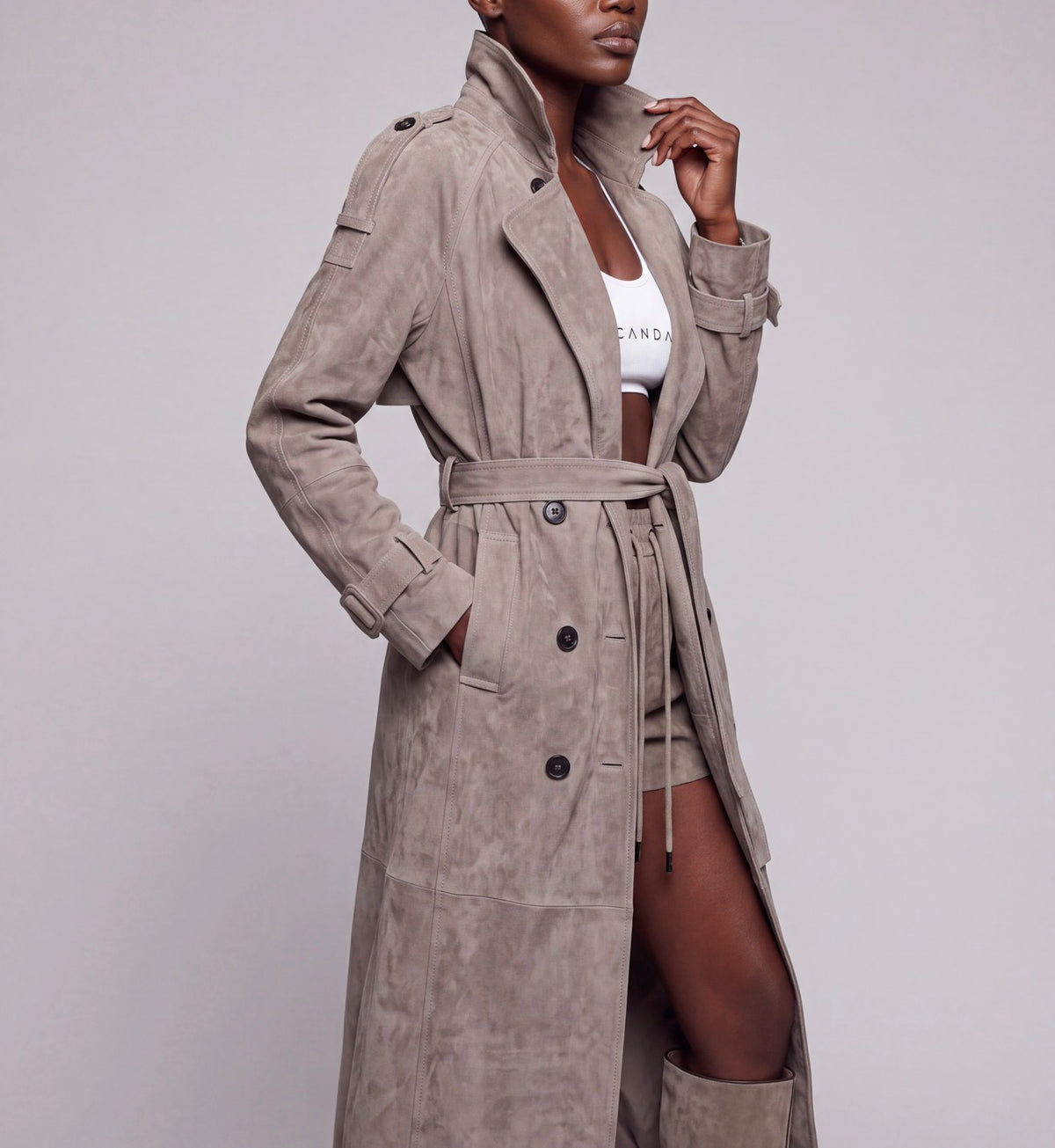 Zamszowy płaszcz damski maxi – SUEDE TRENCH