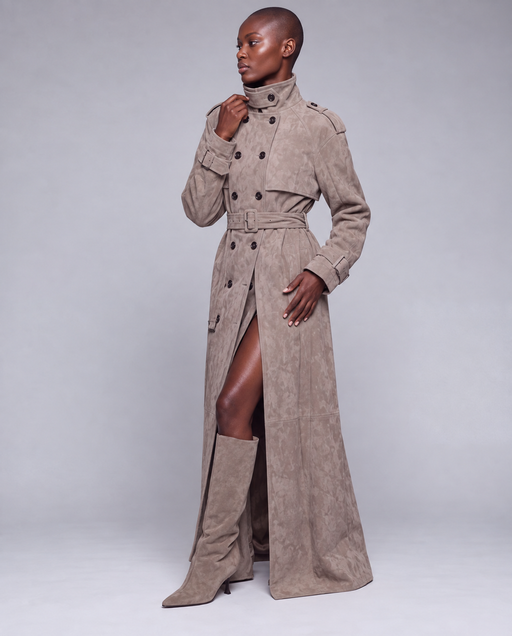 Zamszowy płaszcz damski maxi wysoka stójka – SUEDE TRENCH. Kilka Kolorów