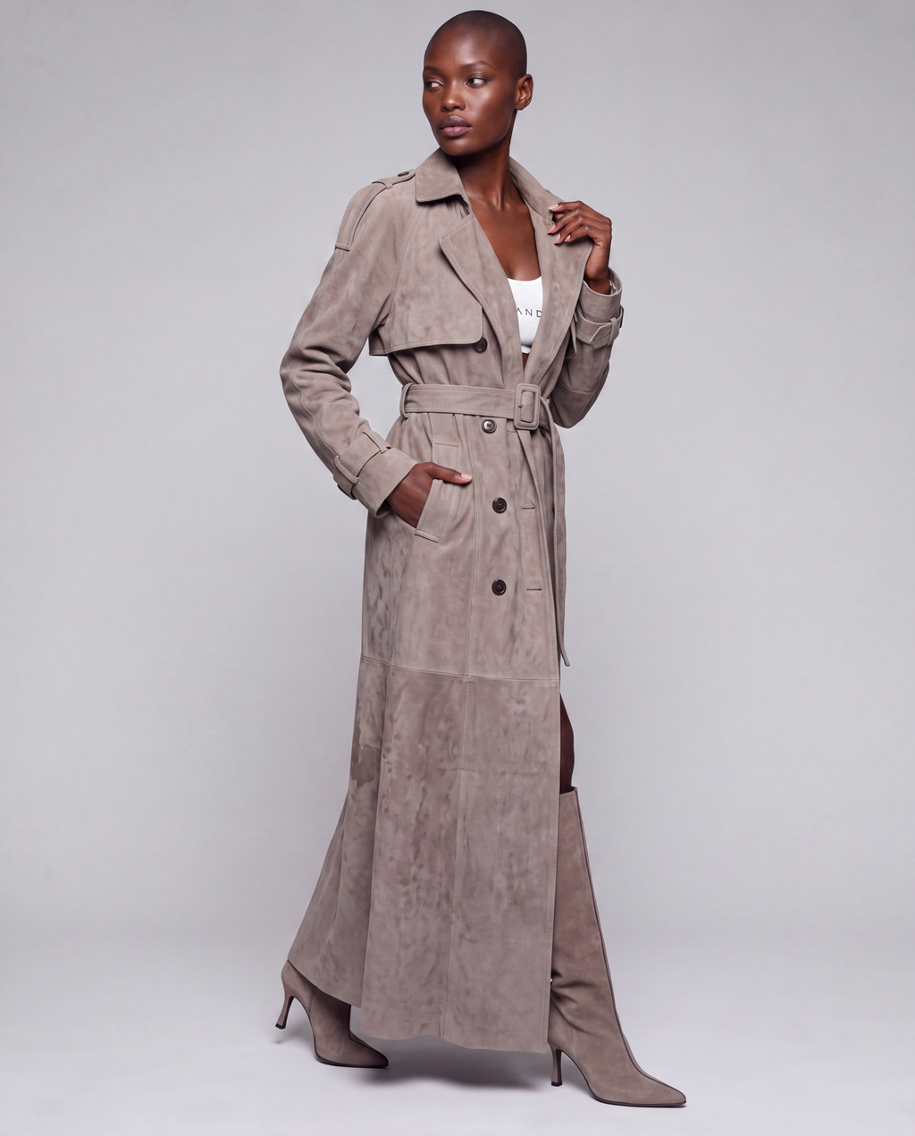 Zamszowy płaszcz damski maxi – SUEDE TRENCH