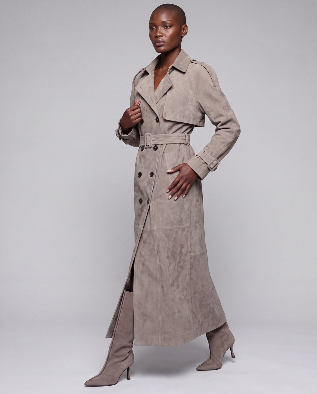 Zamszowy płaszcz damski maxi – SUEDE TRENCH