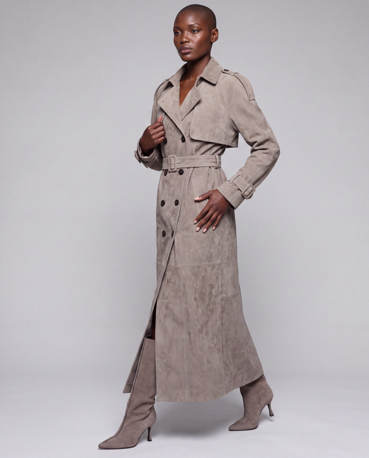 Zamszowy płaszcz damski maxi – SUEDE TRENCH