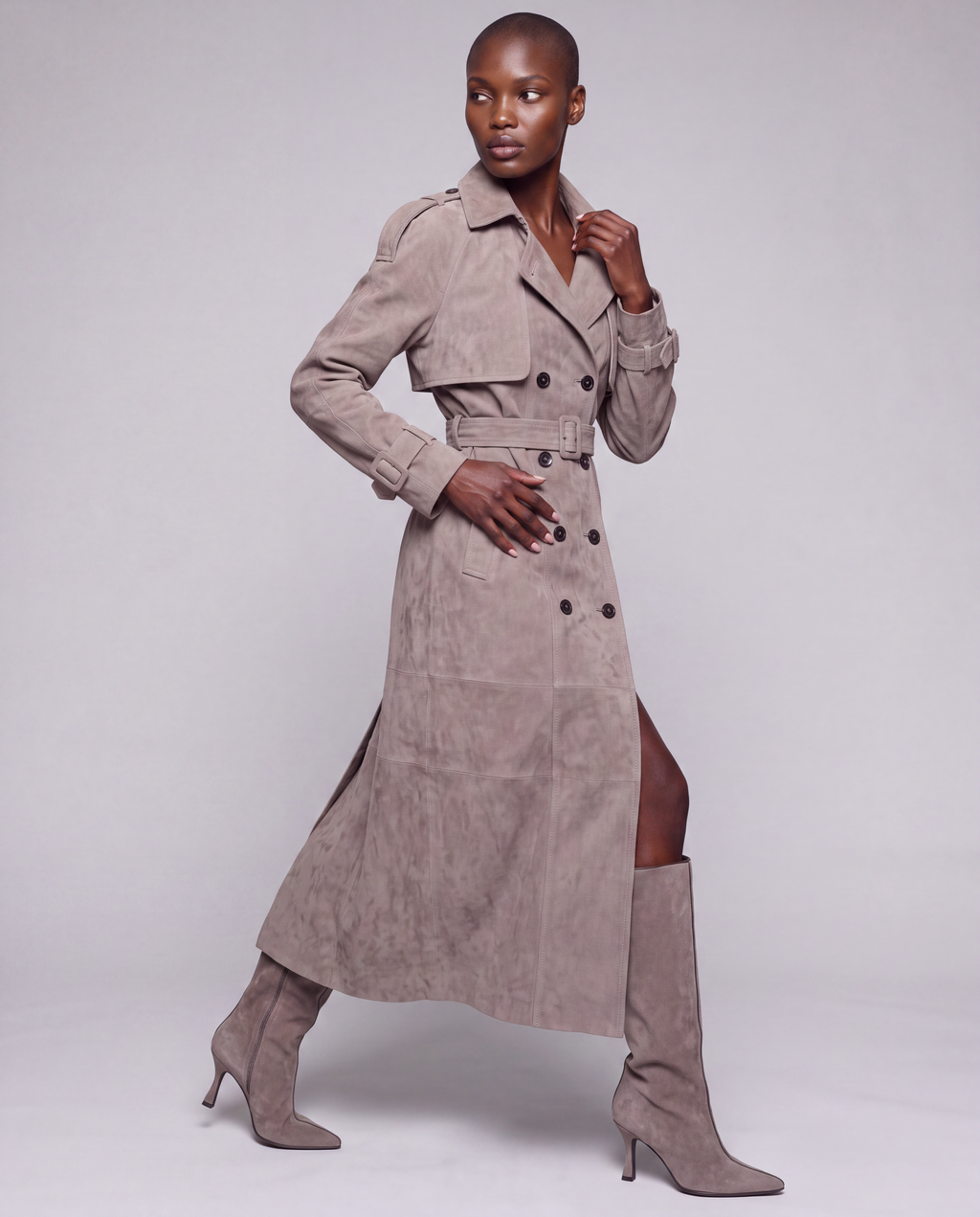 Zamszowy płaszcz damski maxi – SUEDE TRENCH