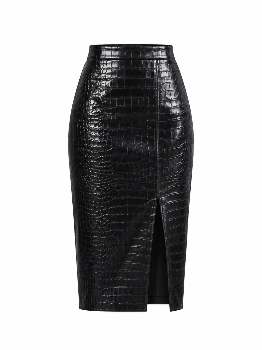 Skórzana ołówkowa spódnica damska midi z rozcięciem – Croc embossed.