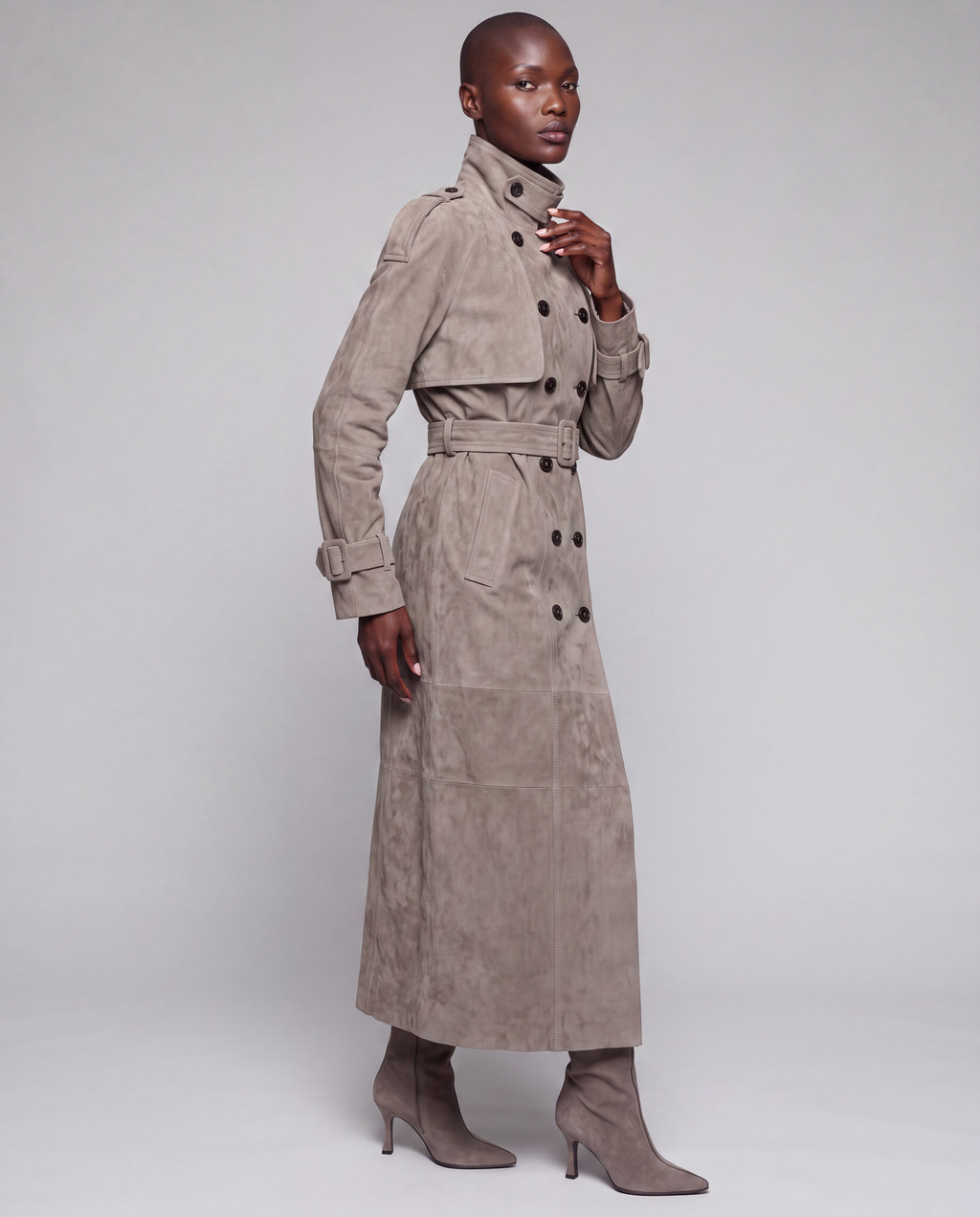 Zamszowy płaszcz damski maxi – SUEDE TRENCH