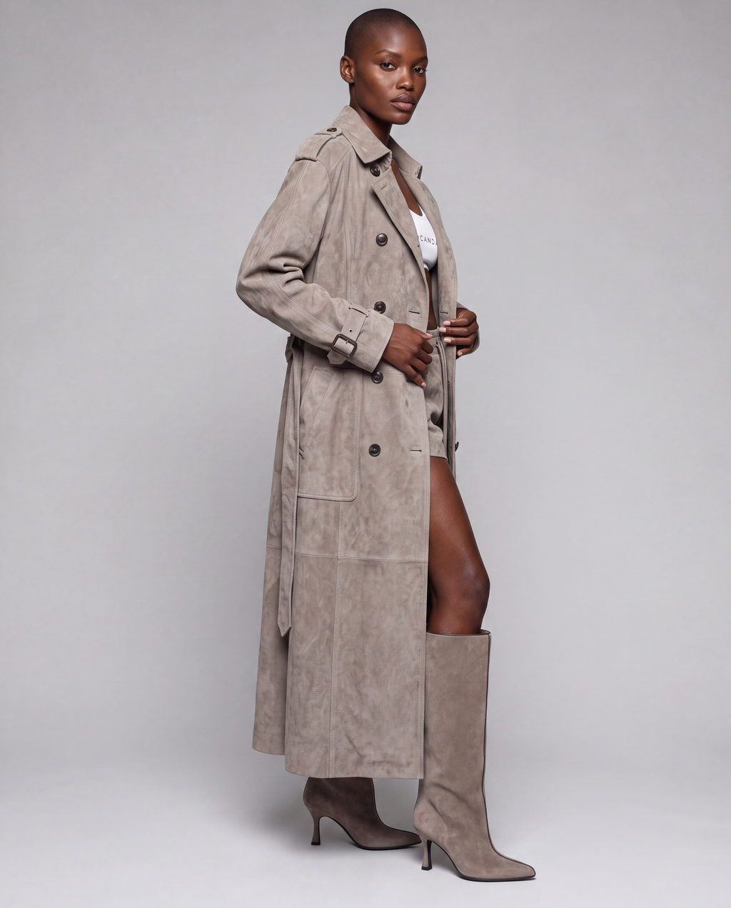 Zamszowy płaszcz damski maxi – SUEDE TRENCH