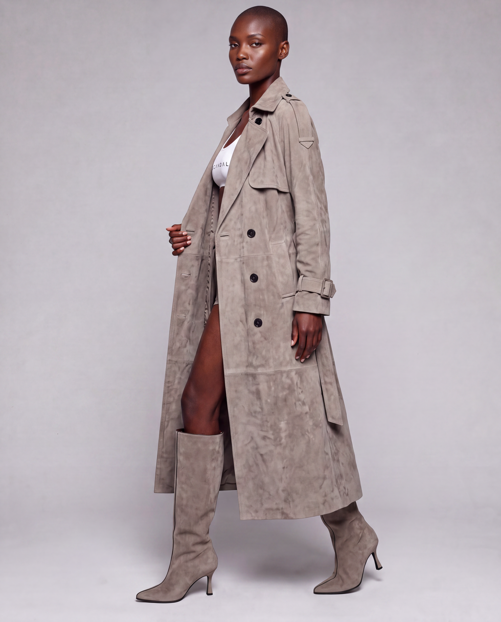 Zamszowy płaszcz damski maxi – SUEDE TRENCH