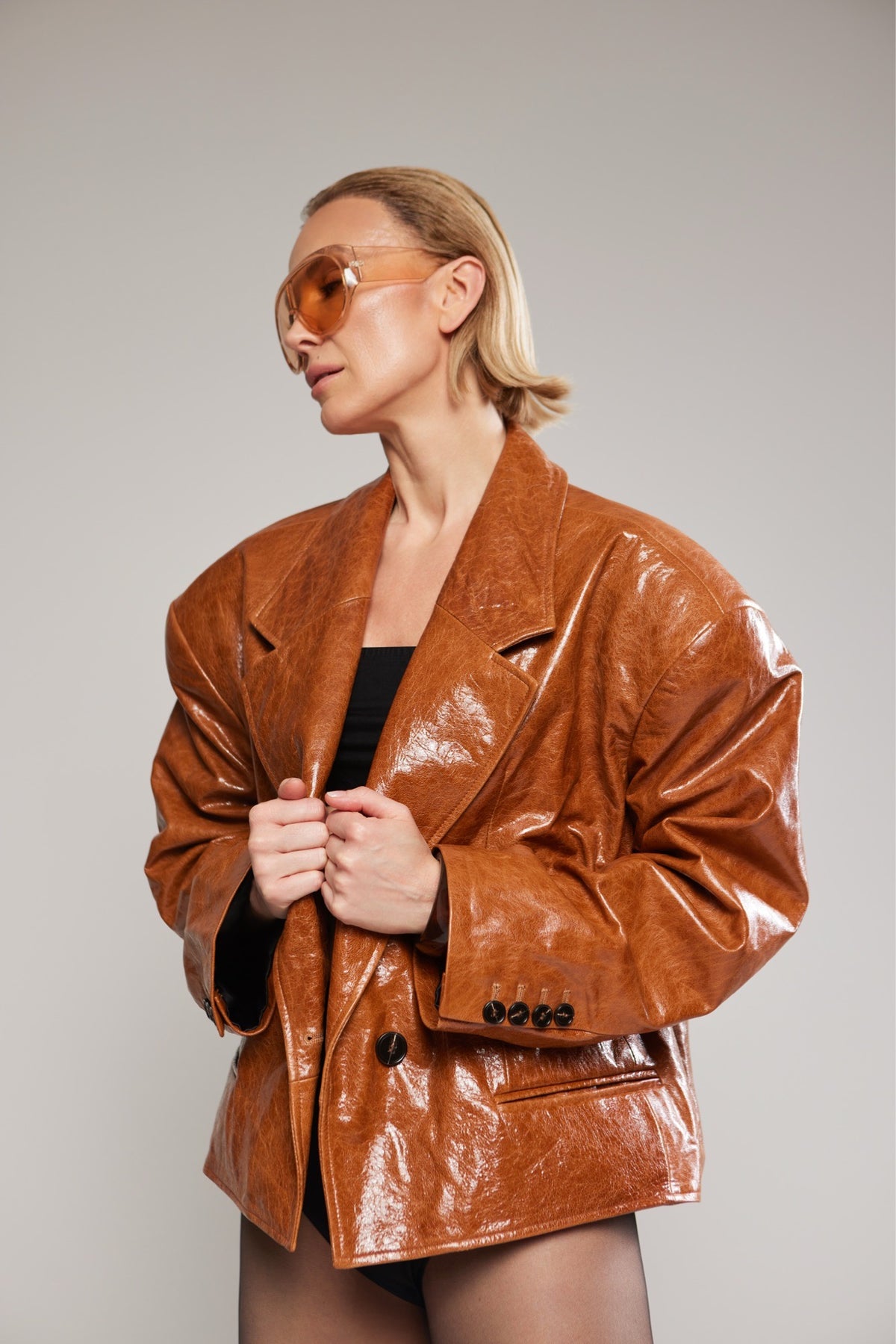 Skórzana lakierowana kurtka damska COGNAC GLOSS